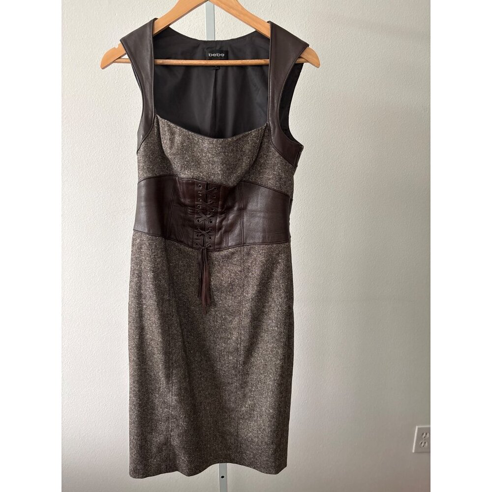 Y2K Bebe Dress Sz 10 Wool Blend Tweed Leather Corset Detail Lace Up Bodycon Slit - Picture 8 of 16